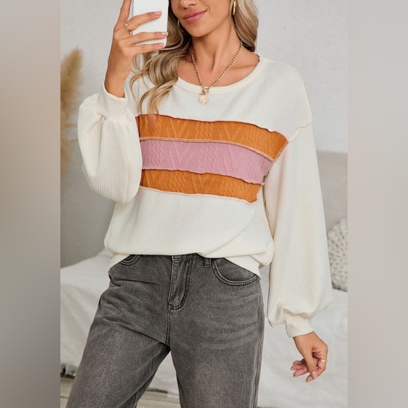 Corded Exposed Seam Patchwork Drop Sleeve Top Cream Sweater Orange Pink Stripes - Picture 3 of 6